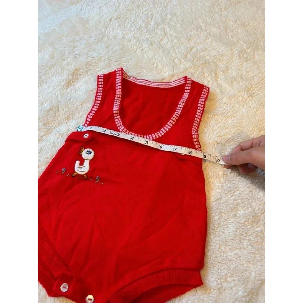 Vintage Funky Duck Embroidered Snap Baby Romper Red Summer